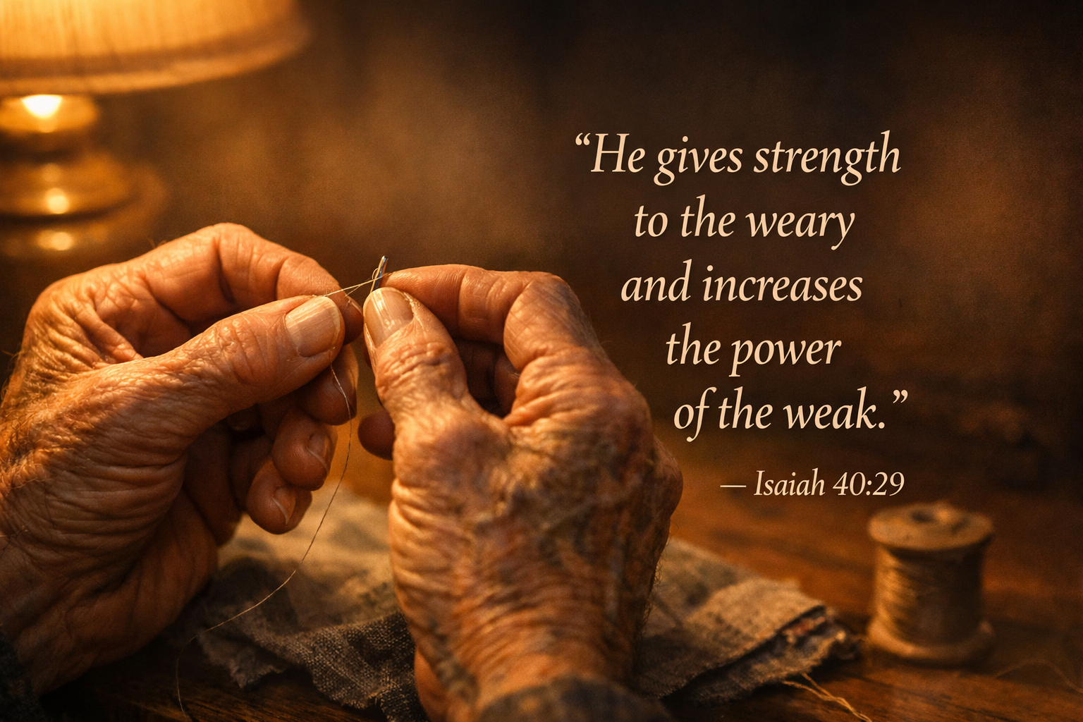 Bible verse wallpaper Isaiah 40:29 with old man weathered hands threading needle steady despite age in warm lamplight